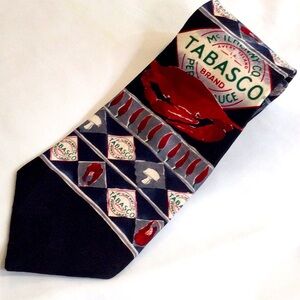 Tabasco Pepper Sauce silk necktie featuring crabs, prawns and peppers.